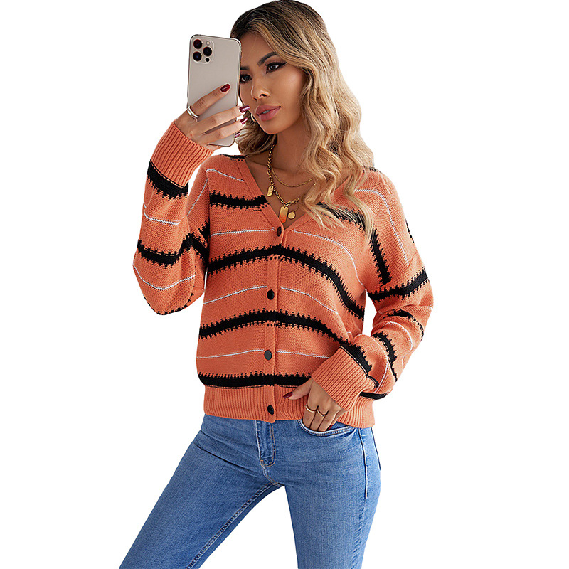 Cárdigan de Suéter de Abrigo de Mujer a Rayas de Colores Contrastantes de Invierno Casual Personalizado