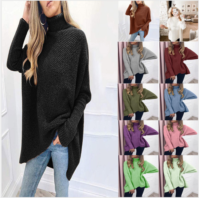 Suéteres de punto de Jersey de gran tamaño de Color Sólido Suelto de Cuello alto de Invierno para Mujer