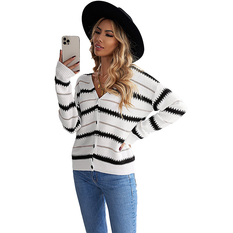 Cárdigan de Suéter de Abrigo de Mujer a Rayas de Colores Contrastantes de Invierno Casual Personalizado