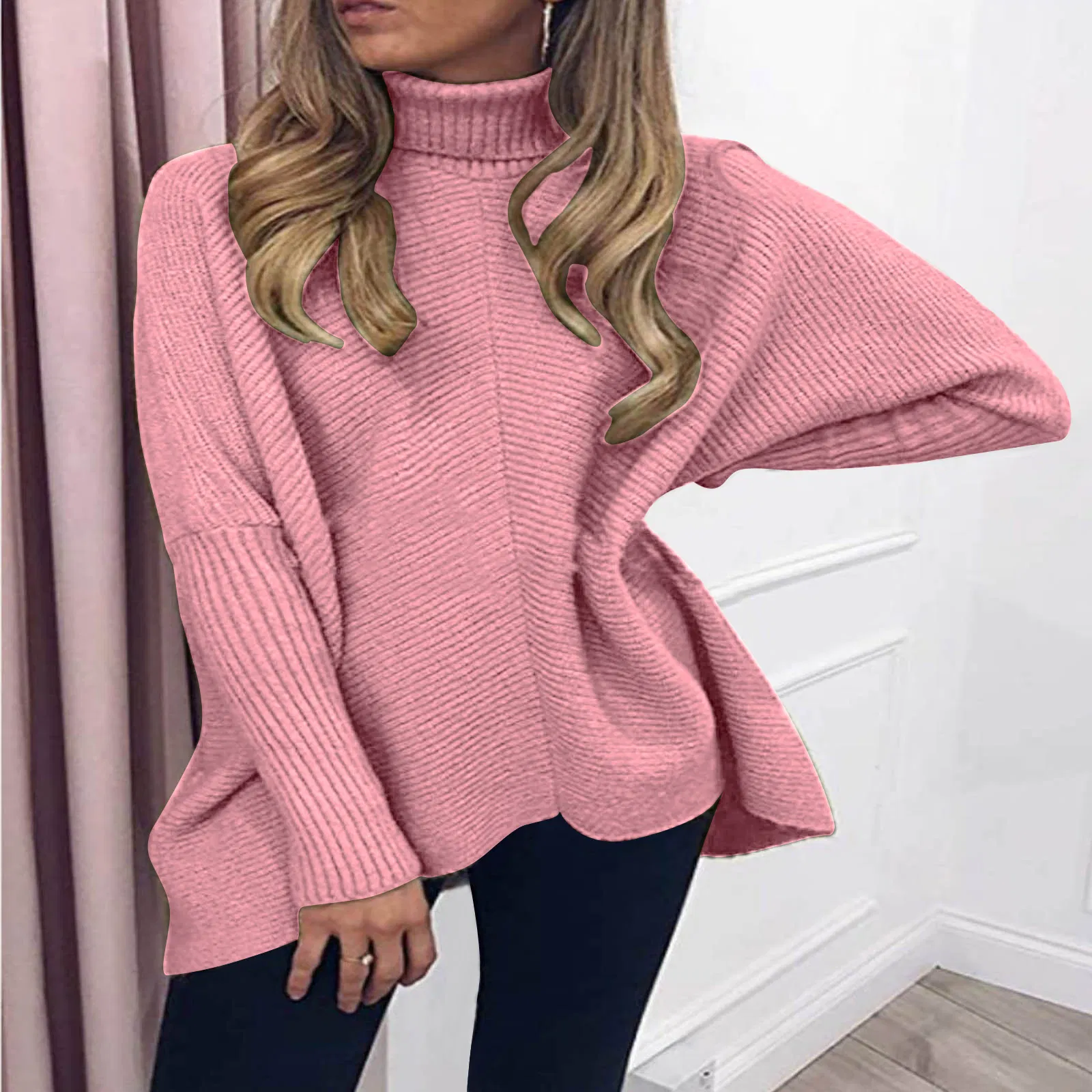 Suéteres de punto de Jersey de gran tamaño de Color Sólido Suelto de Cuello alto de Invierno para Mujer