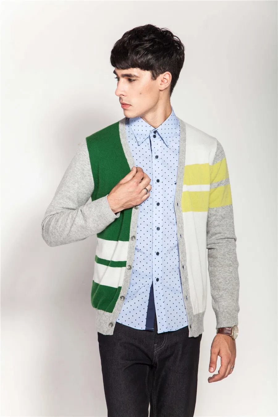 Cárdigan de cachemira 100% de Punto con Cuello en V y Bloque de Color para Hombre