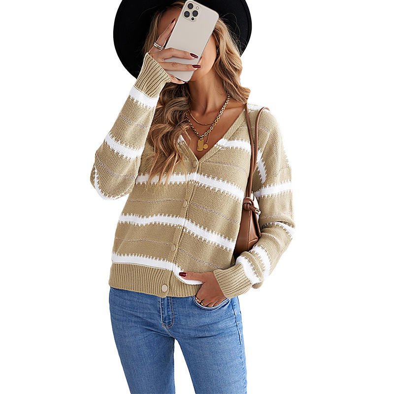 Cárdigan de Suéter de Abrigo de Mujer a Rayas de Colores Contrastantes de Invierno Casual Personalizado