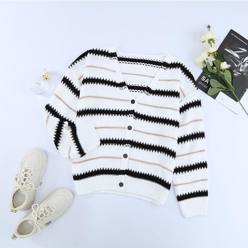 Cárdigan de Suéter de Abrigo de Mujer a Rayas de Colores Contrastantes de Invierno Casual Personalizado