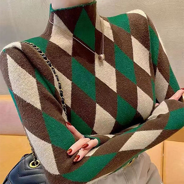 Camisa Tejida Retro Adelgazante de Cuello Alto con Diseño de Rejilla Prismática para Mujer