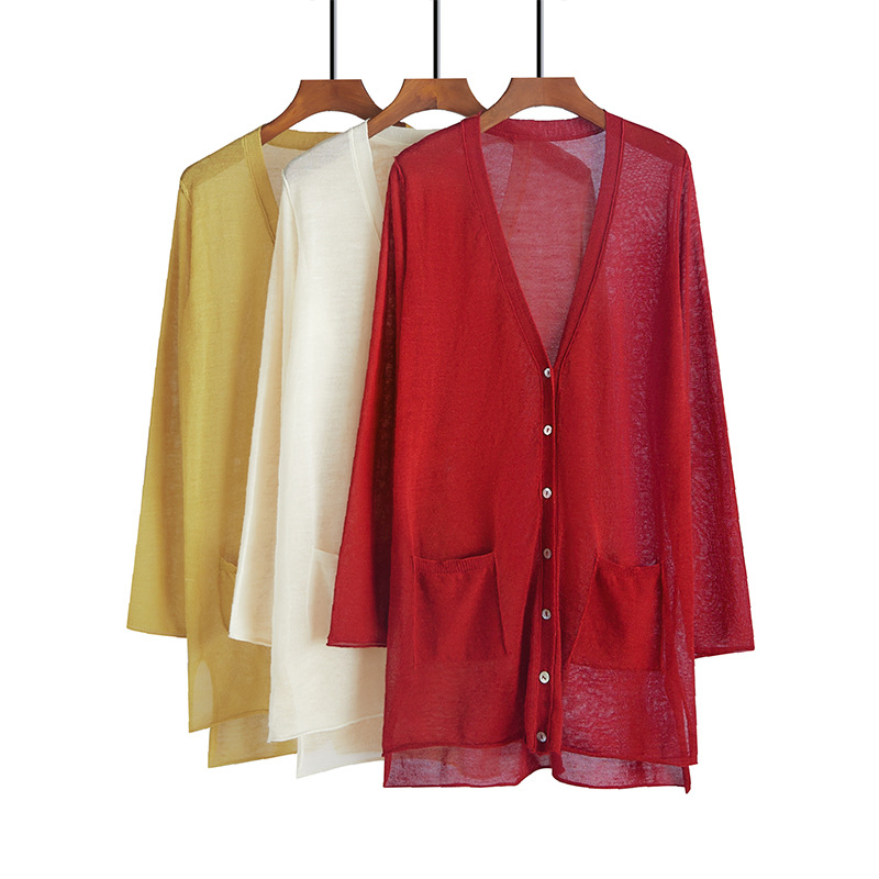 Nuevo Suéter de Primavera Top Personalizado de Invierno a Rayas para Mujer Cárdigan Transparente de Lino de Algodón Fino Ligero