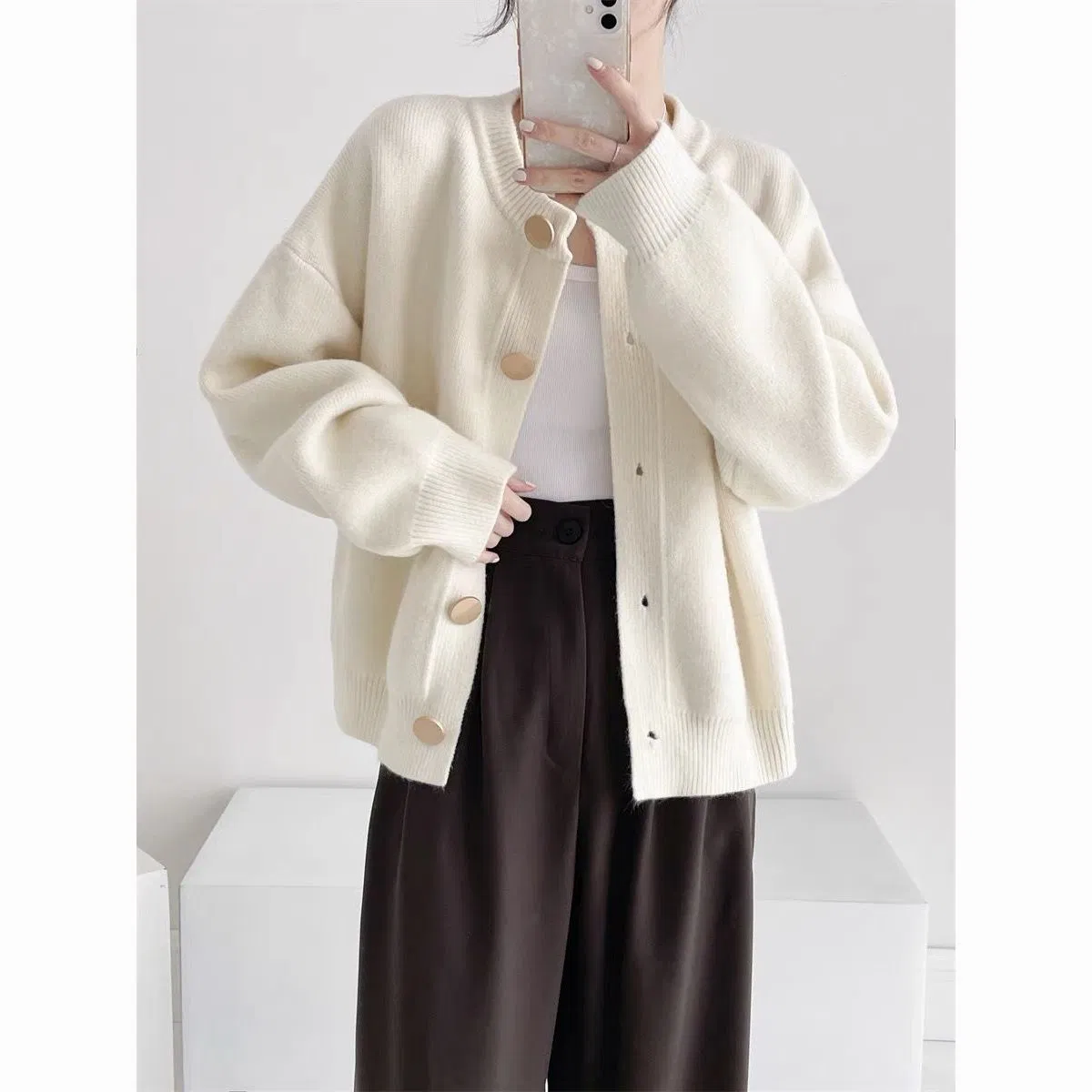 Cárdigan de Punto Personalizado para Mujer, Cárdigan de Punto de Estilo Corto para Primavera y Otoño, Cárdigan Informal con Botones y Cuello en V de Manga Larga para Mujer