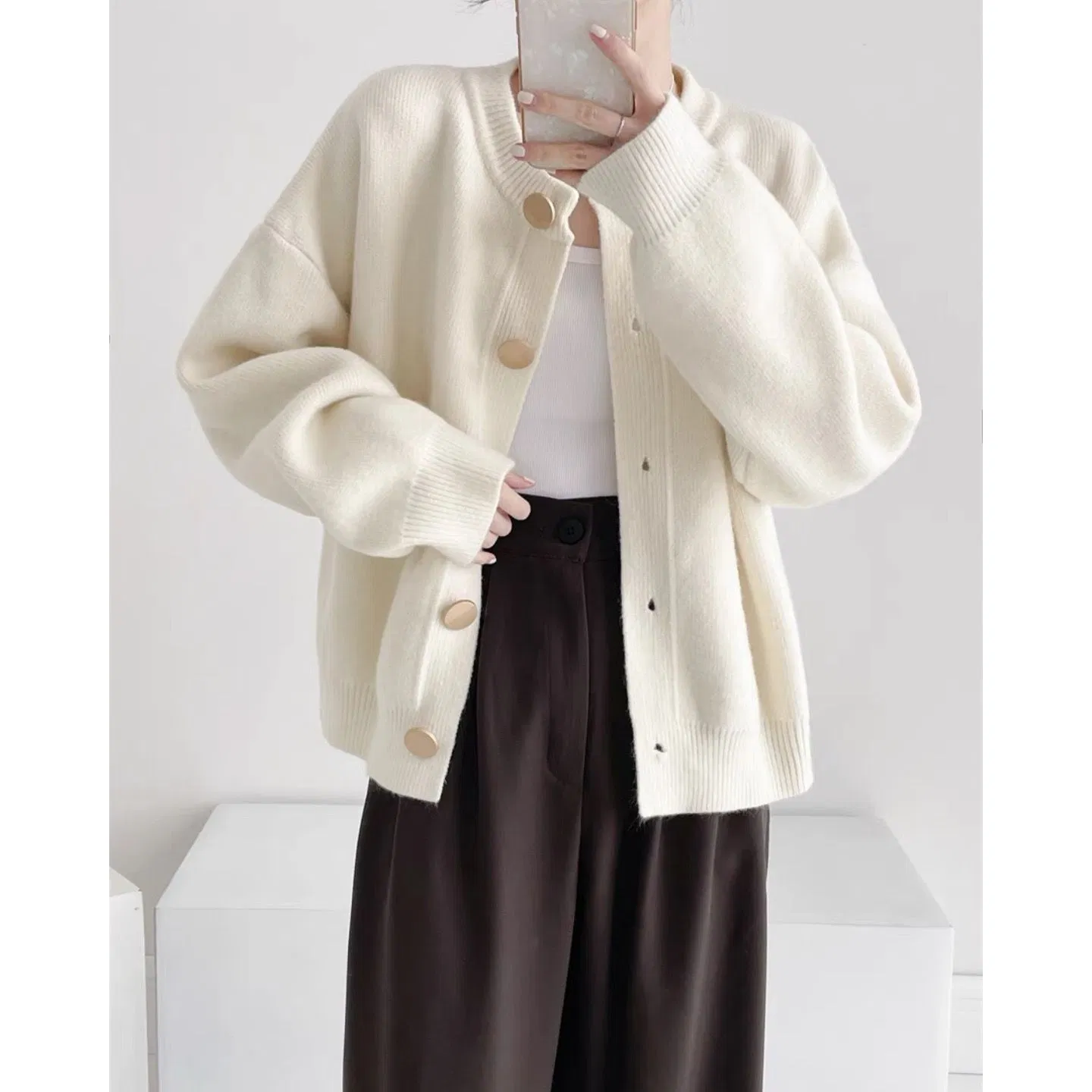 Cárdigan de Punto Personalizado para Mujer, Cárdigan de Punto de Estilo Corto para Primavera y Otoño, Cárdigan Informal con Botones y Cuello en V de Manga Larga para Mujer