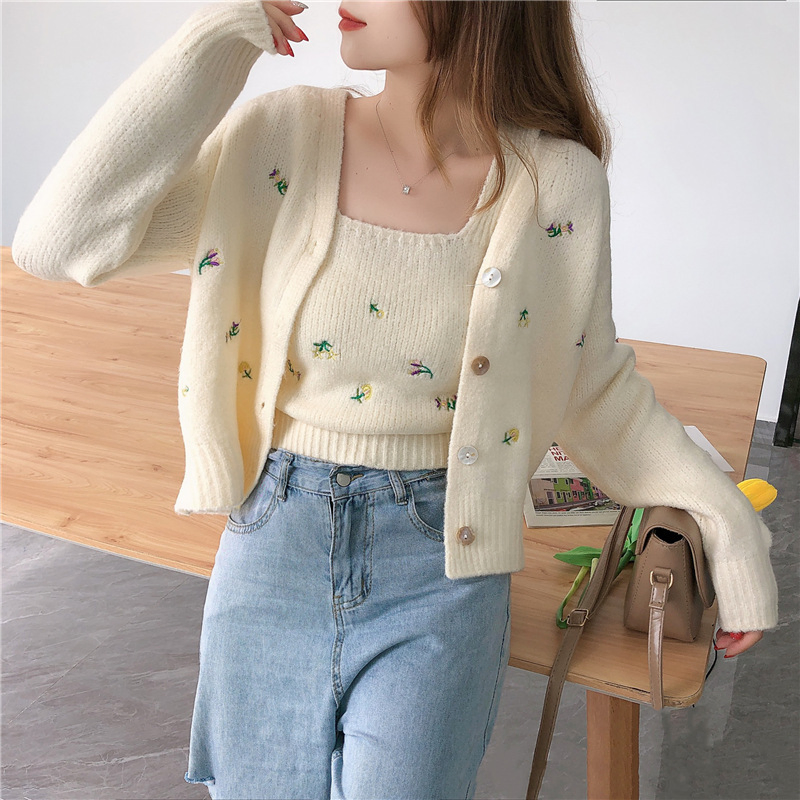 Cárdigan de Flores Bordadas de Nueva Moda de Otoño Cálido Y Cómodo de Manga Larga de Punto Suave para Mujer