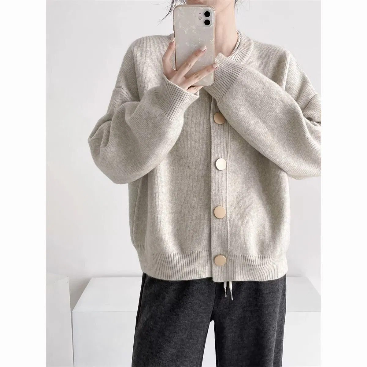 Cárdigan de Punto Personalizado para Mujer, Cárdigan de Punto de Estilo Corto para Primavera y Otoño, Cárdigan Informal con Botones y Cuello en V de Manga Larga para Mujer