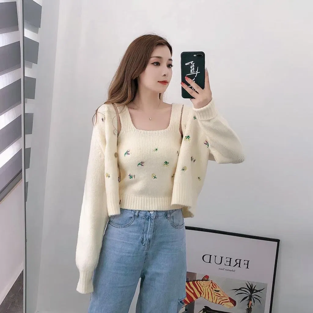 Cárdigan de Flores Bordadas de Nueva Moda de Otoño Cálido Y Cómodo de Manga Larga de Punto Suave para Mujer