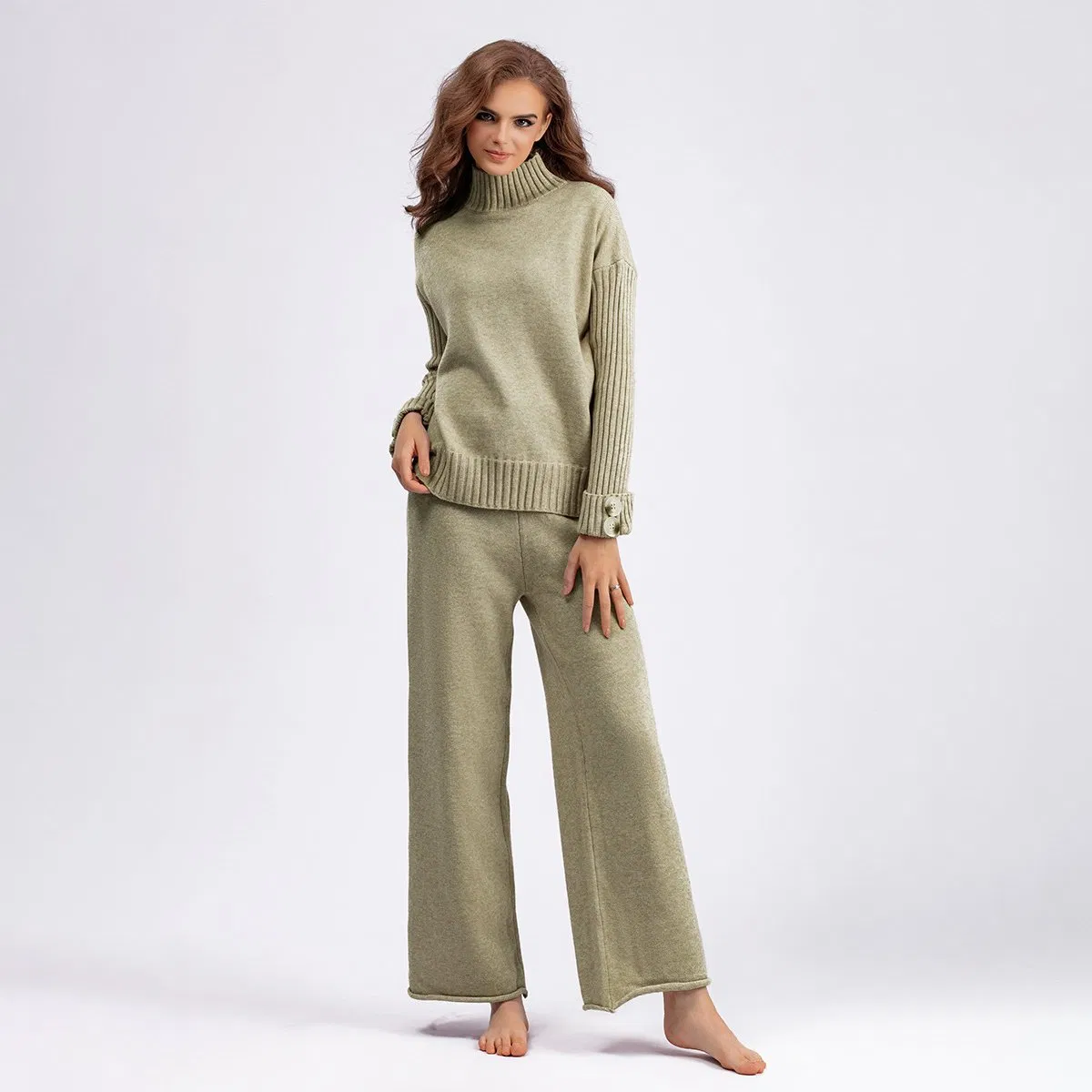 Conjunto de suéter Suelto de Mujer de cercanías Casual de Cuello Medio Alto de Color Sólido de moda′s