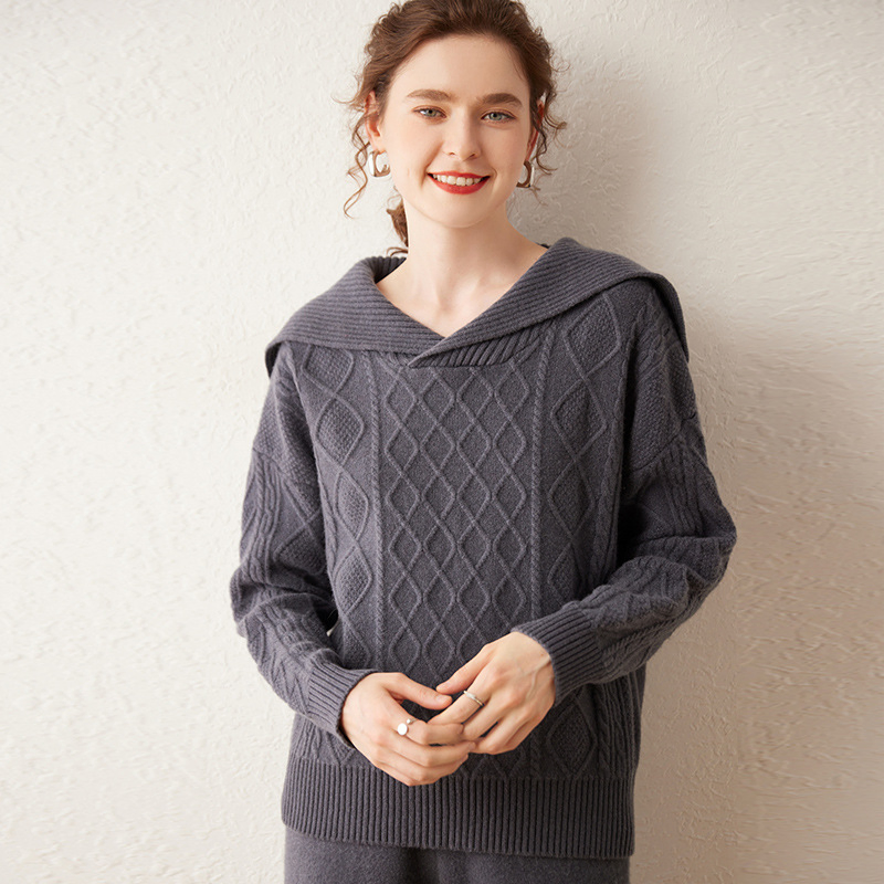 Suéter Informal de Punto Suelto de Otoño e Invierno con Cuello Azul Marino de Cachemira para Mujer