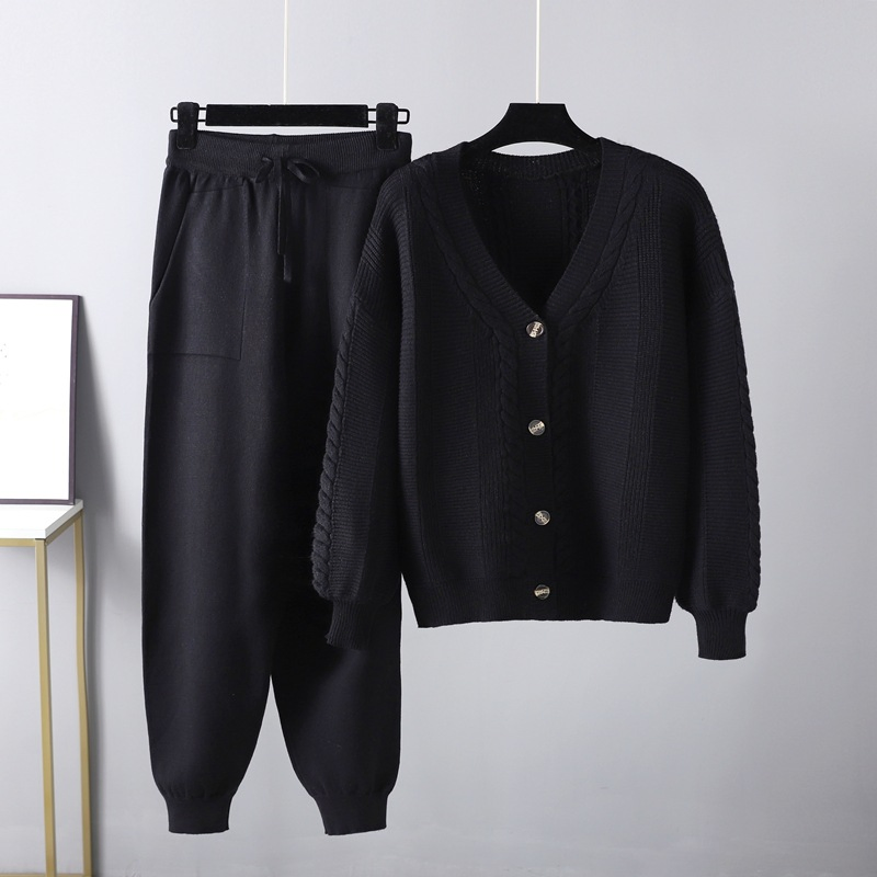 Conjunto de Dos Piezas Abrigadas para Ir al Trabajo, Pantalones con cordones, Suéter tipo Cárdigan con Giro de Color Sólido
