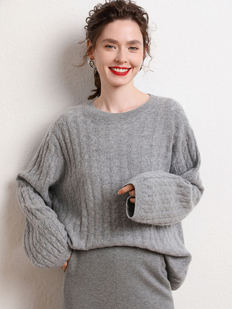 Suéter de punto de cuello redondo de Cachemira para Mujer&prime;Suéter Cálido de Giro Suelto de Otoño e Invierno