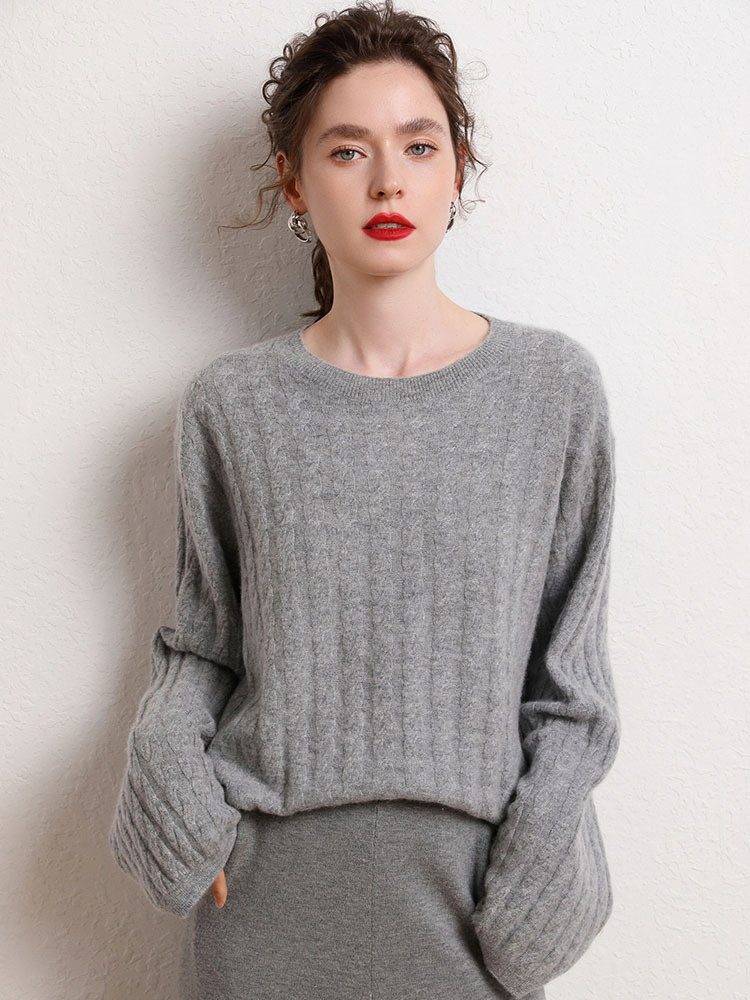 Suéter de punto de cuello redondo de Cachemira para Mujer&prime;Suéter Cálido de Giro Suelto de Otoño e Invierno