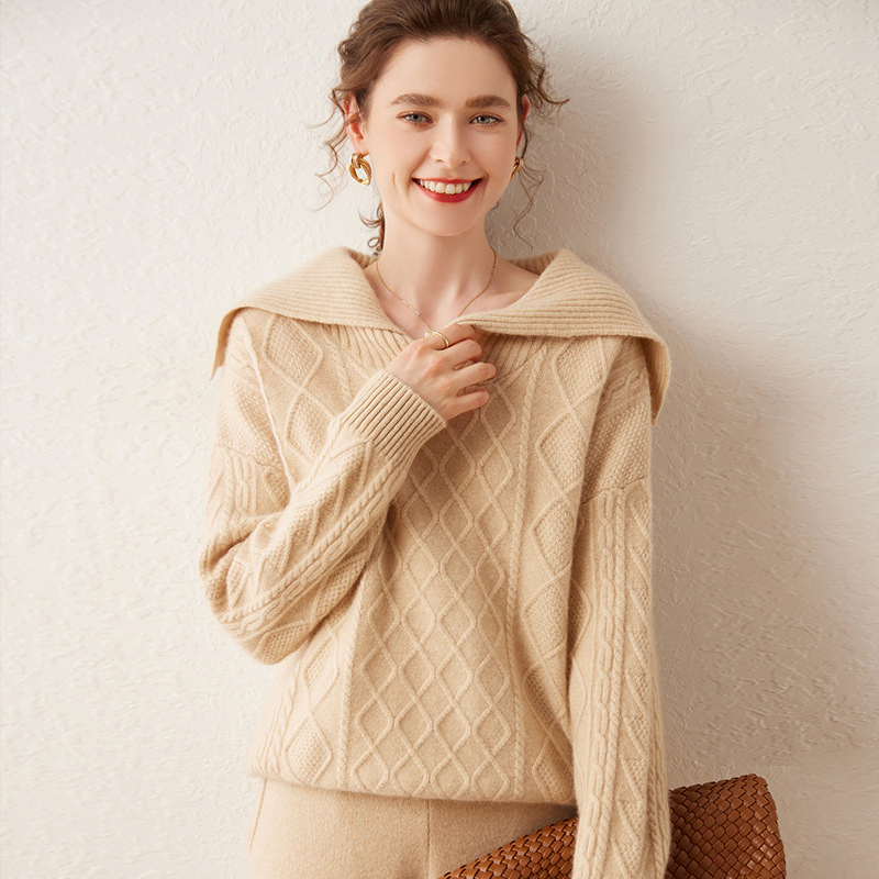 Suéter Informal de Punto Suelto de Otoño e Invierno con Cuello Azul Marino de Cachemira para Mujer