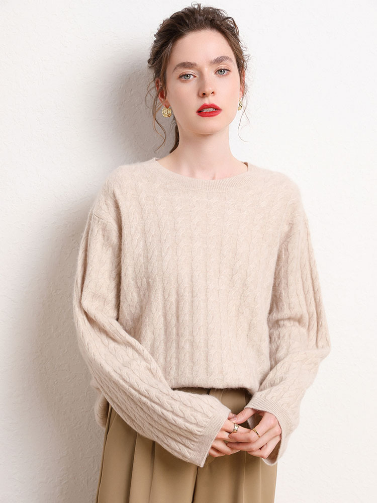 Suéter de punto de cuello redondo de Cachemira para Mujer&prime;Suéter Cálido de Giro Suelto de Otoño e Invierno