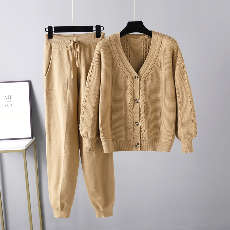 Conjunto de Dos Piezas Abrigadas para Ir al Trabajo, Pantalones con cordones, Suéter tipo Cárdigan con Giro de Color Sólido