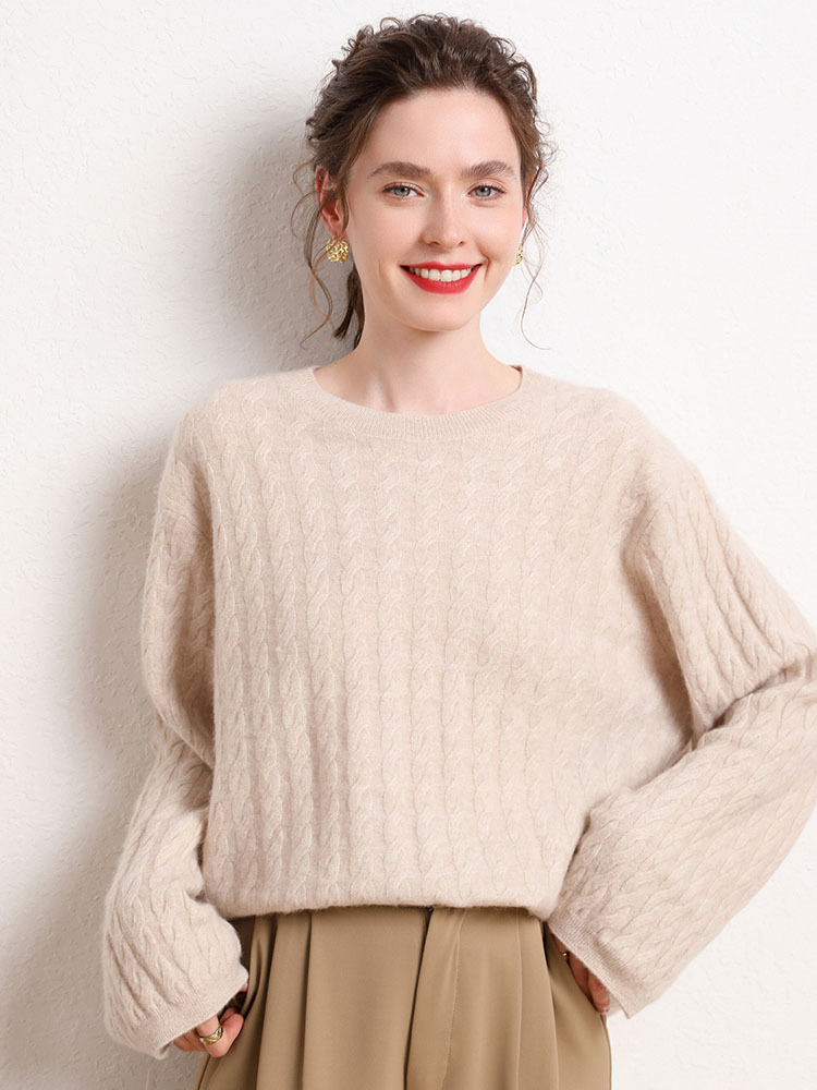 Suéter de punto de cuello redondo de Cachemira para Mujer&prime;Suéter Cálido de Giro Suelto de Otoño e Invierno