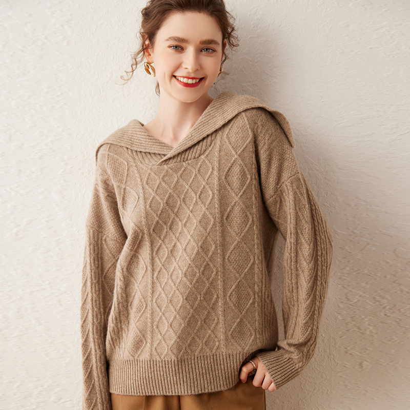 Suéter Informal de Punto Suelto de Otoño e Invierno con Cuello Azul Marino de Cachemira para Mujer