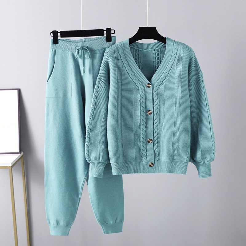 Conjunto de Dos Piezas Abrigadas para Ir al Trabajo, Pantalones con cordones, Suéter tipo Cárdigan con Giro de Color Sólido