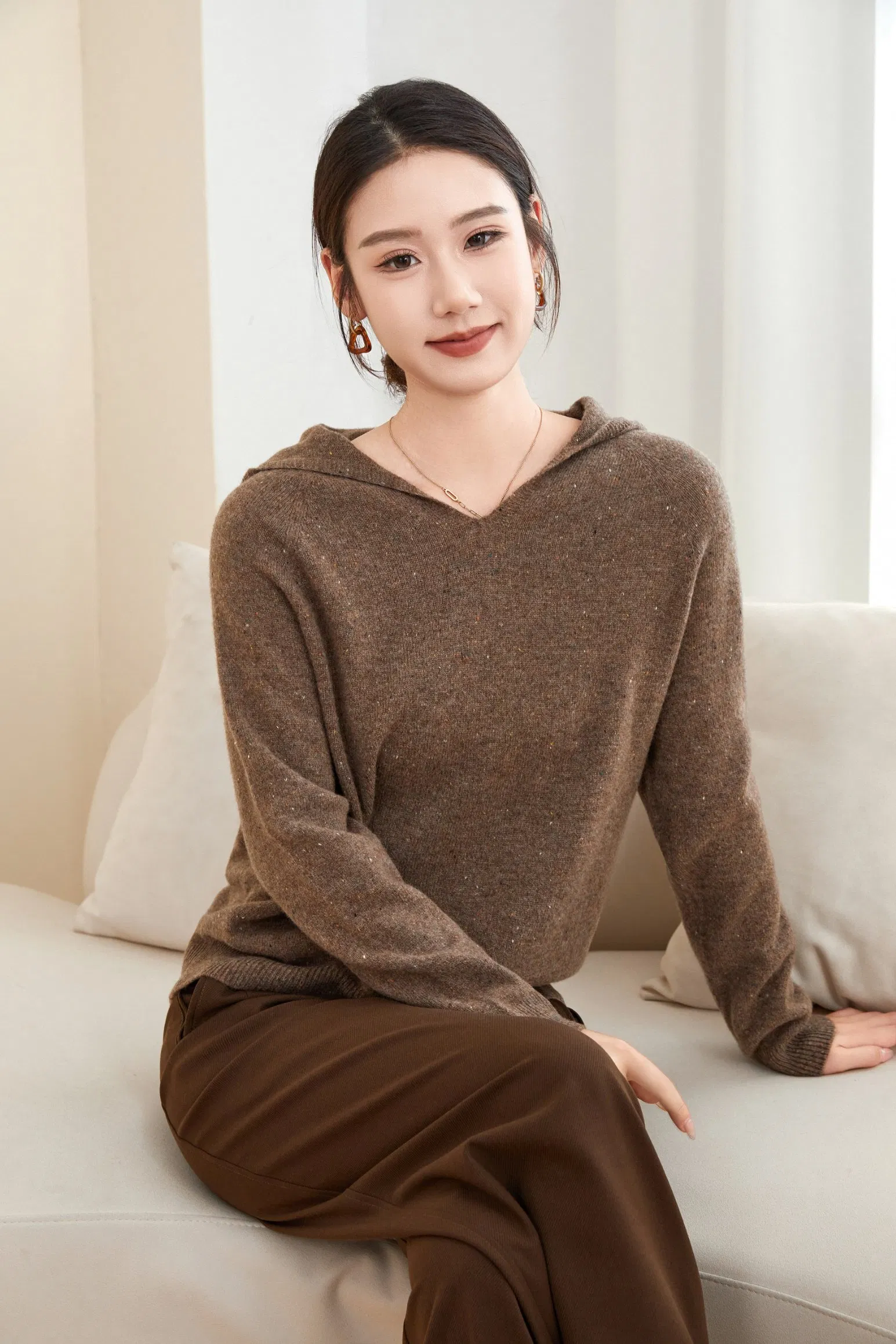 Suéter casual con capucha de Lana 100% Sólido de Otoño e Invierno para mujer & prime;s