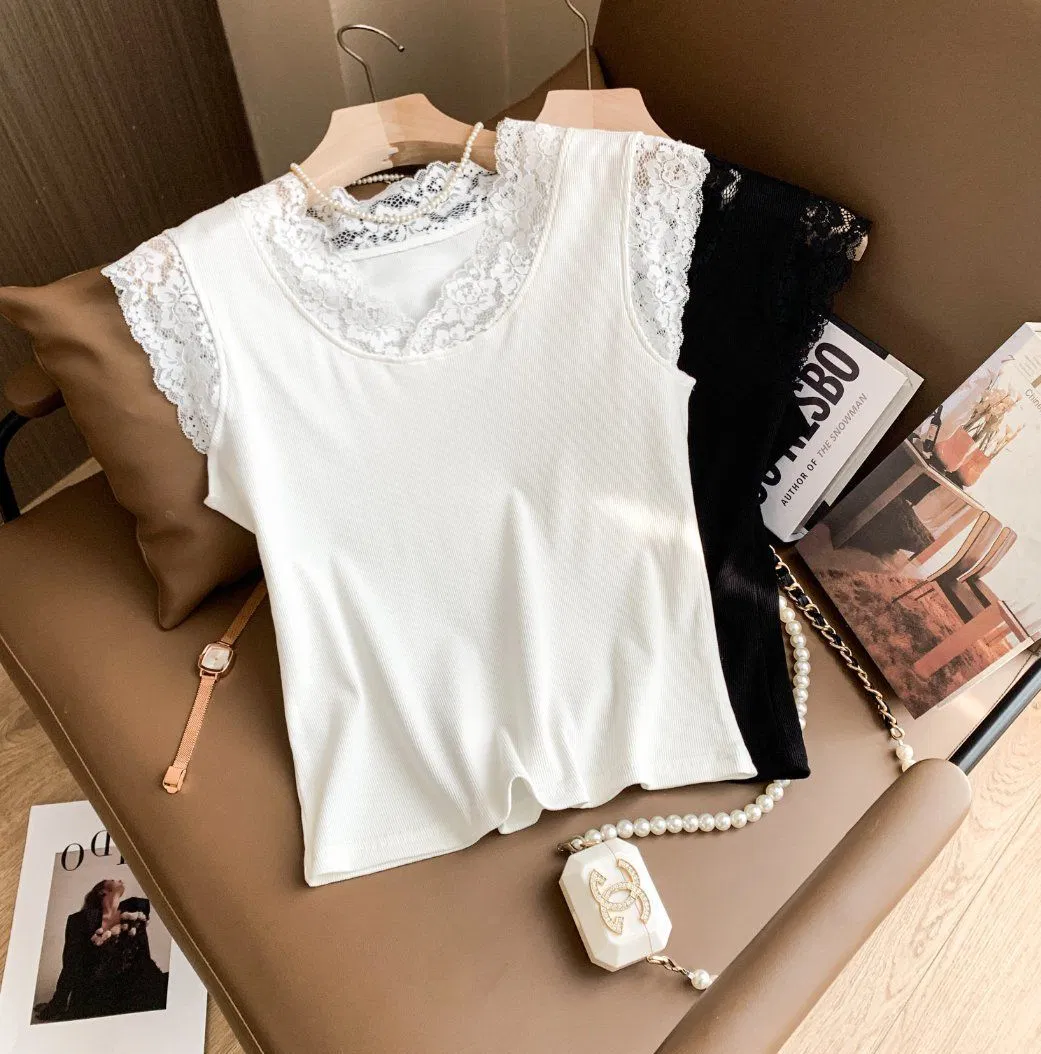 Top de Tirantes de Punto sin Mangas de Encaje: Camisa Básica Ajustada Elástica para Mujer