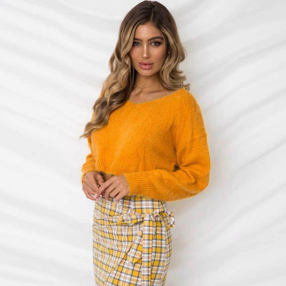 Suéter de Conejo de Moda Otoño Invierno para Mujer, de Manga Larga, Suelto, de Color Sólido, Jersey de Talla Grande, Cuello en V, Espalda Abierta, Suéter de Punto, Camisa de fondo
