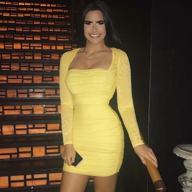 Vestido Plisado a la Cadera con Costuras de Malla 2020