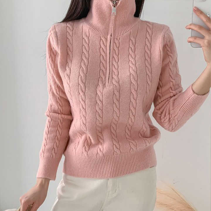 Suéter de Cuello Alto Perezoso con Media Cremallera Retro de Alta Calidad para Mujer, Prendas de punto Largas e Informales para la Temporada de Otoño