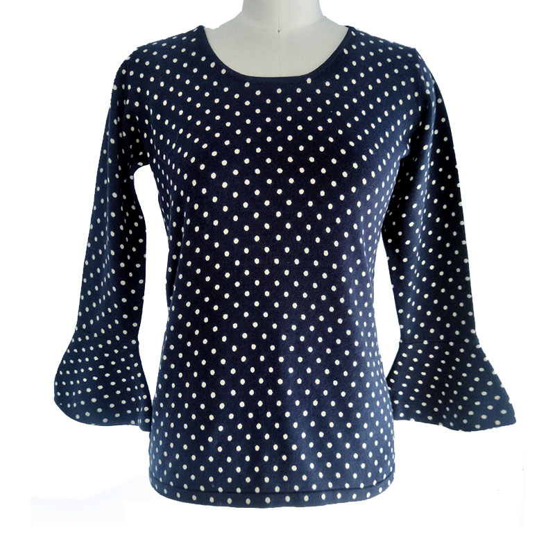 Jersey de punto con Estampado de Lunares y Manga Acampanada para Mujer Jersey de Cuello Redondo de Manga 3/4