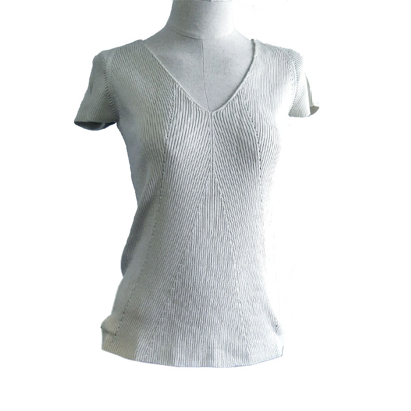 Jersey de Punto para Mujer con Estilo de Color Puro Acanalado con Servicio OEM, Jersey de Manga Corta con Cuello en V para Mujer