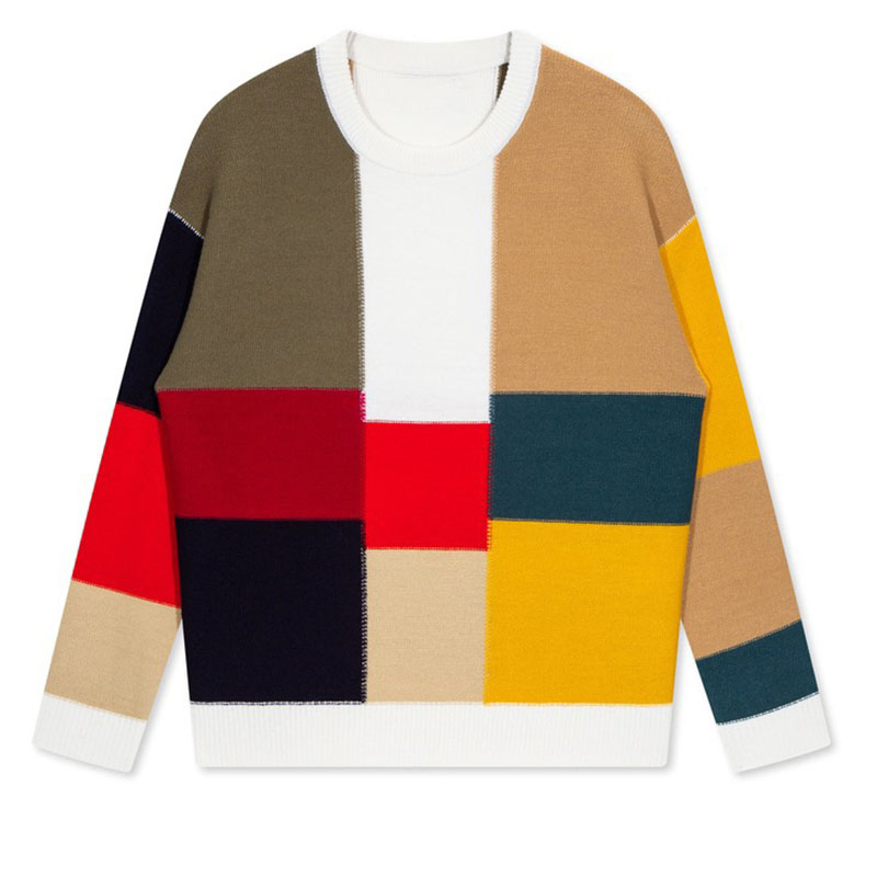 Jersey de Cuello Redondo de Manga Larga de Punto de Invierno de Jacquard de Bloque de Colores para Hombre′s
