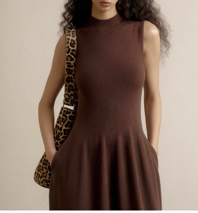 Vestido de Lana de Punto con Cuello Alto y Temperamento Medio para Mujer, Vestido en Forma de Capullo.