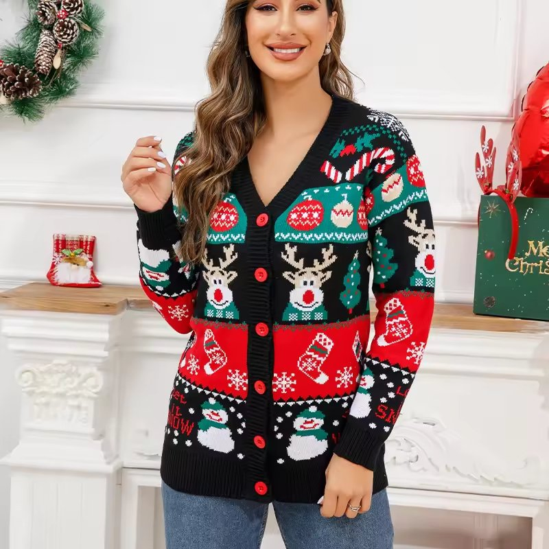 Ropa de Navidad Chaqueta de Suéter de Punto de Invierno para Mujer Suéter de Navidad Feo de Punto Suelto de un solo pecho