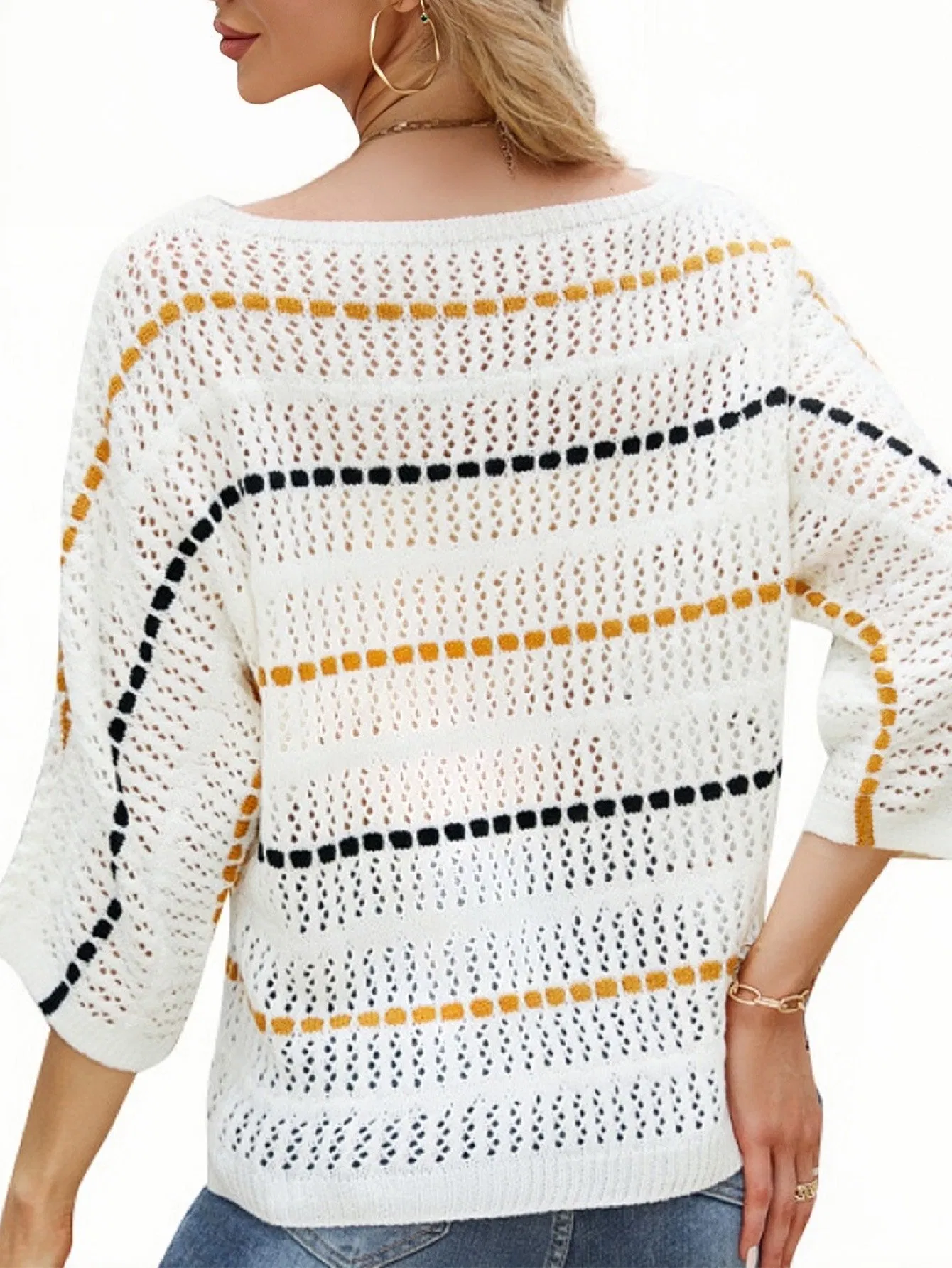 Suéter Holgado de Manga de Siete Puntos con Temperamento Superior para Mujer&amp;prime; Suéter a Rayas con Delantal de Punto Ahuecado con Cuello de una Línea