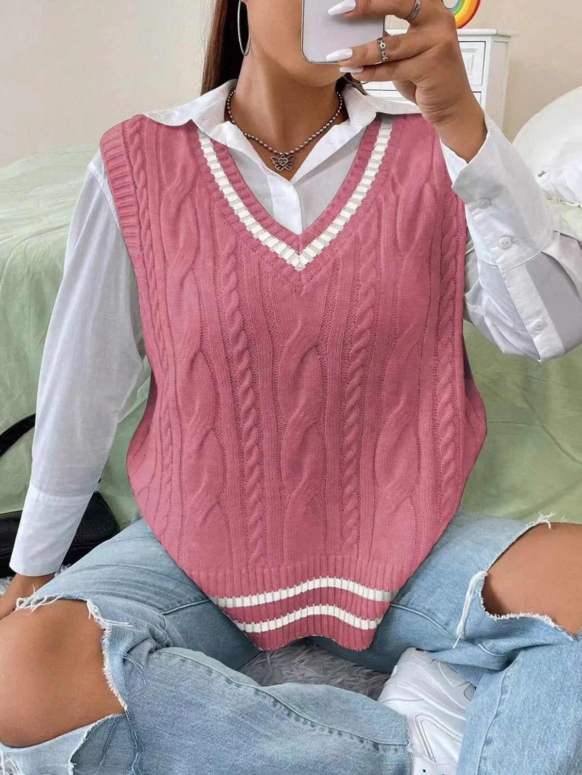Chaleco de Ganchillo para Mujer, Suéter con Cuello en V, Chaleco, Suéter de punto Blanco, Suéter