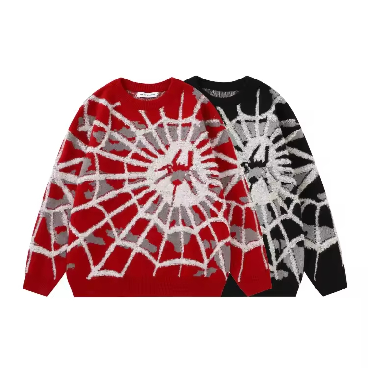 Suéter de Punto Hip-Hop Suelto con Cuello Redondo y Estilo Callejero con Patrón de Jacquard de Araña de Ciervo