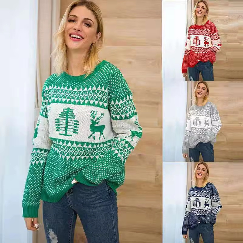 Suéter Navideño Feo de Punto con Cuello Redondo y Manga Larga