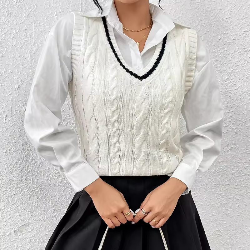 Chaleco de Ganchillo para Mujer, Suéter con Cuello en V, Chaleco, Suéter de punto Blanco, Suéter