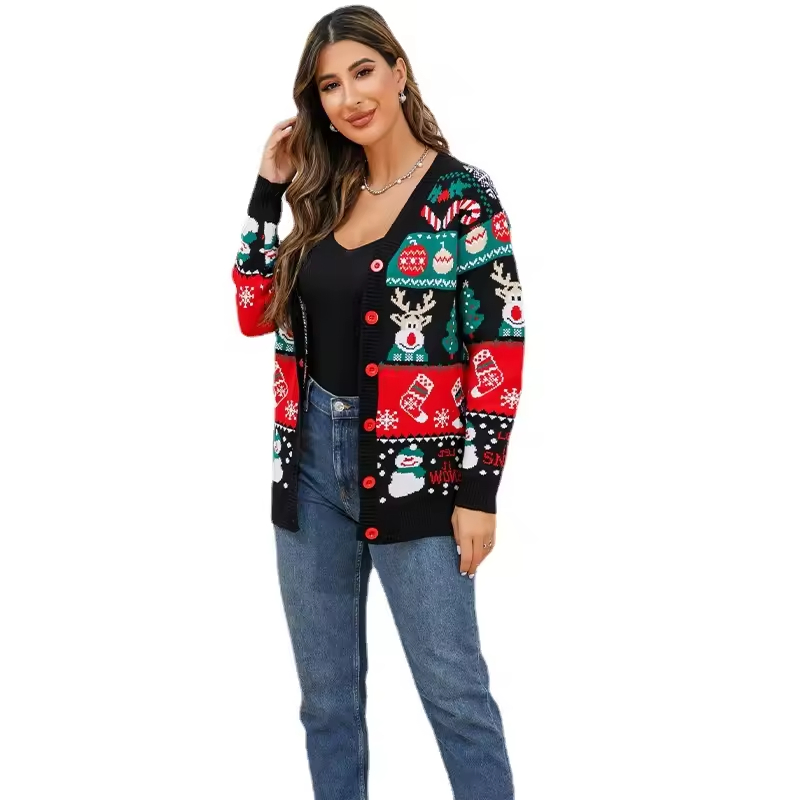 Ropa de Navidad Chaqueta de Suéter de Punto de Invierno para Mujer Suéter de Navidad Feo de Punto Suelto de un solo pecho