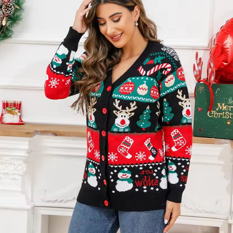 Ropa de Navidad Chaqueta de Suéter de Punto de Invierno para Mujer Suéter de Navidad Feo de Punto Suelto de un solo pecho