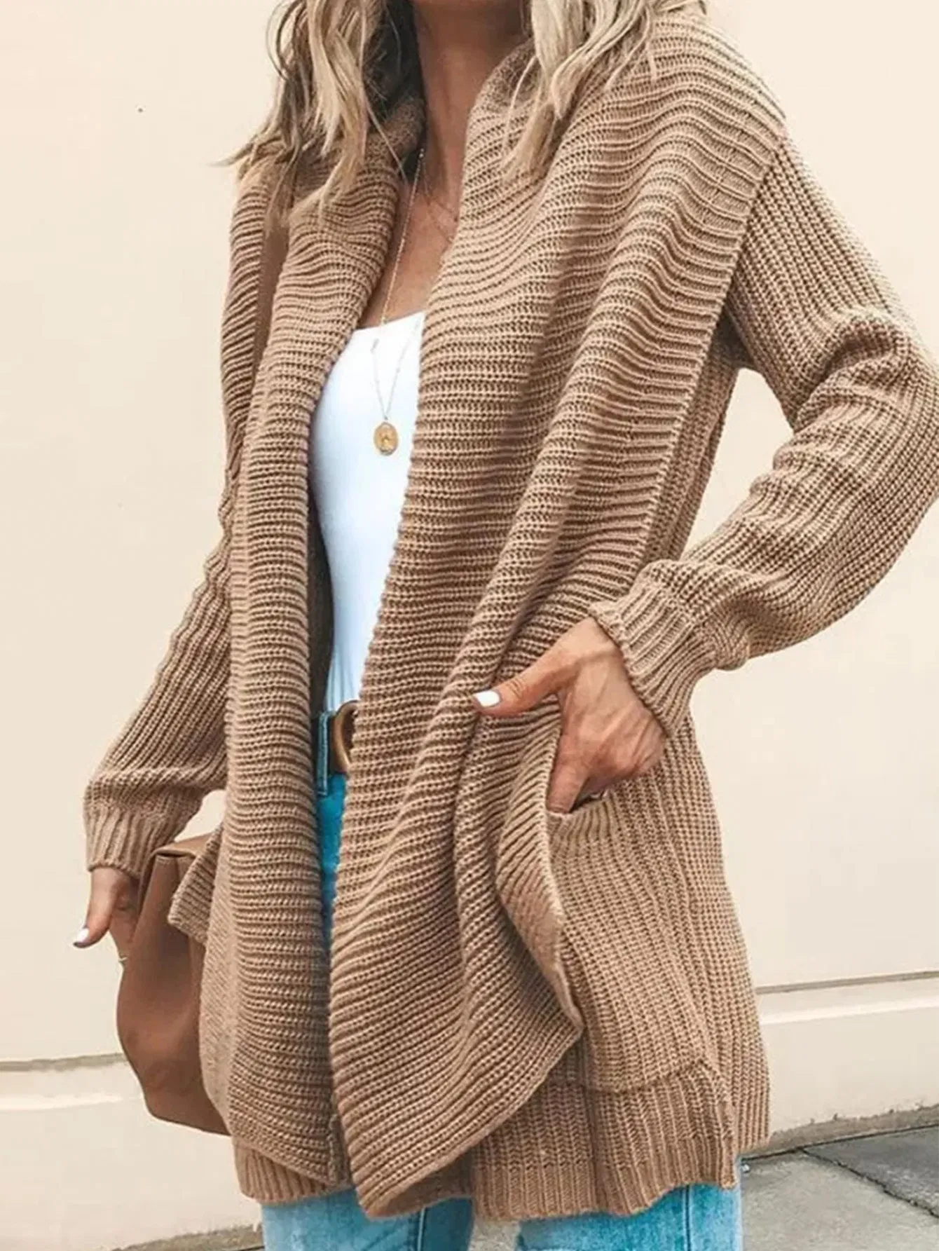 Cárdigan de manga larga para Mujer′s para Otoño e Invierno, Cómodo y Esponjoso, de Color Sólido, Estilo Informal, Suéter de cuello grande