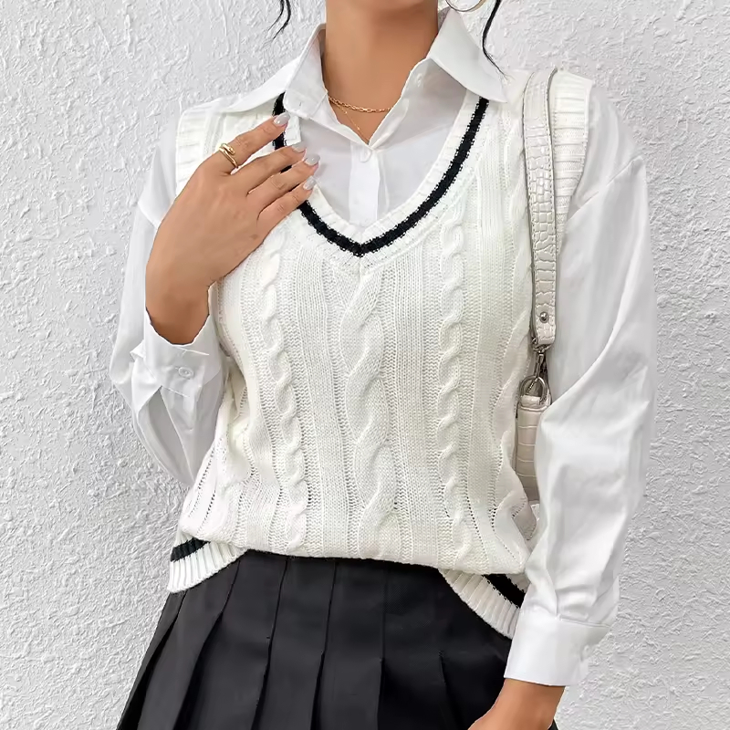 Chaleco de Ganchillo para Mujer, Suéter con Cuello en V, Chaleco, Suéter de punto Blanco, Suéter