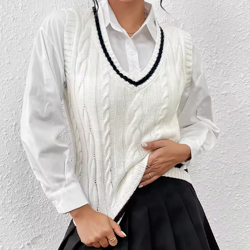 Chaleco de Ganchillo para Mujer, Suéter con Cuello en V, Chaleco, Suéter de punto Blanco, Suéter