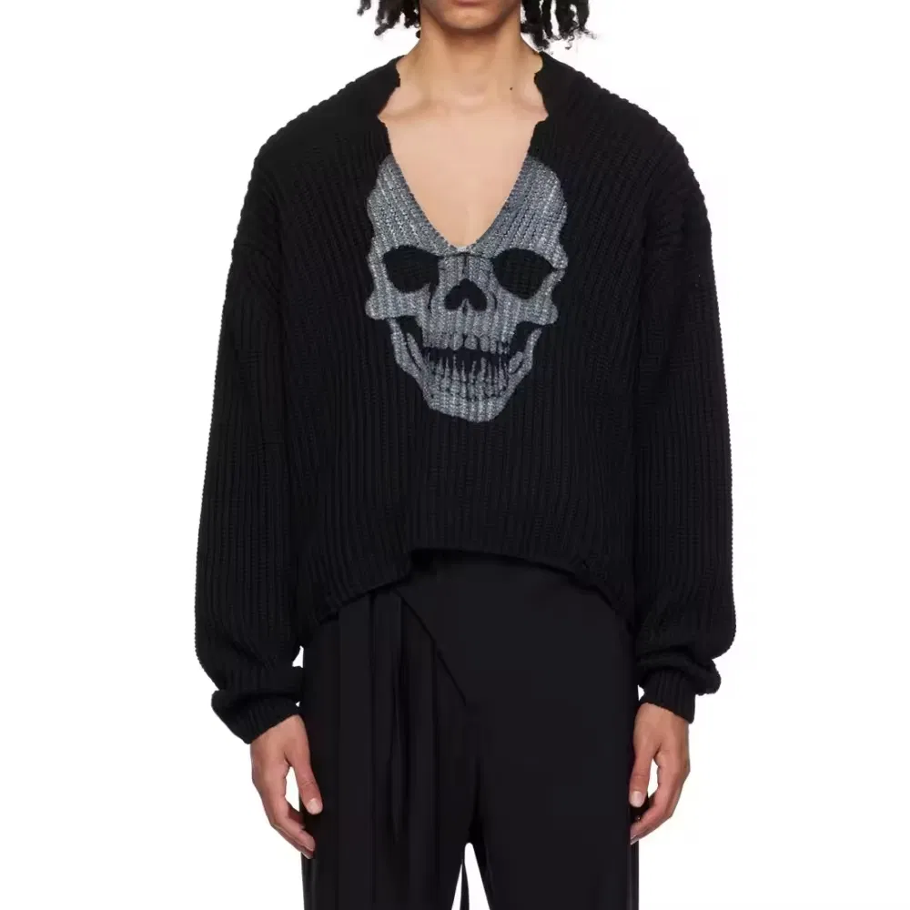 Suéter de Moda de Manga Larga de Gran Tamaño Jersey de Punto Jacquard Suelto Jersey Gótico Unisex Suéteres de Calavera