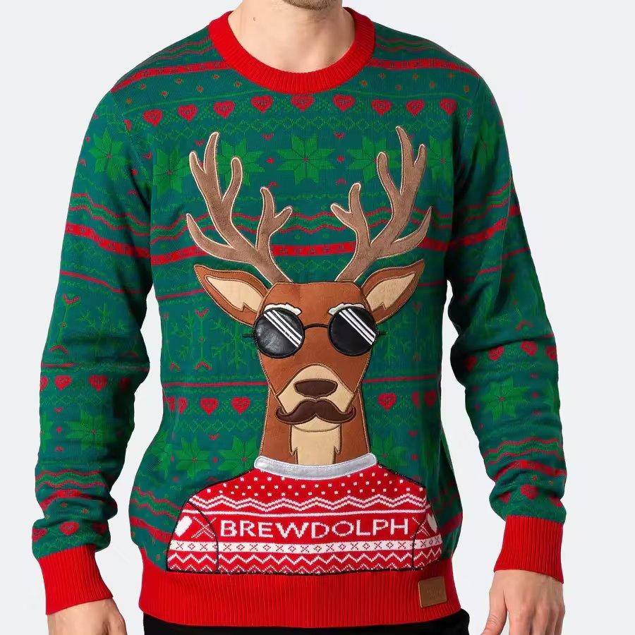 Jersey de Navidad Jacquard Feo de Punto Personalizado para Hombre y primer Jersey de Bolsillo de Reno Verde de Moda