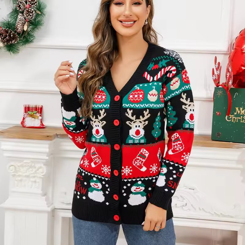 Ropa de Navidad Chaqueta de Suéter de Punto de Invierno para Mujer Suéter de Navidad Feo de Punto Suelto de un solo pecho