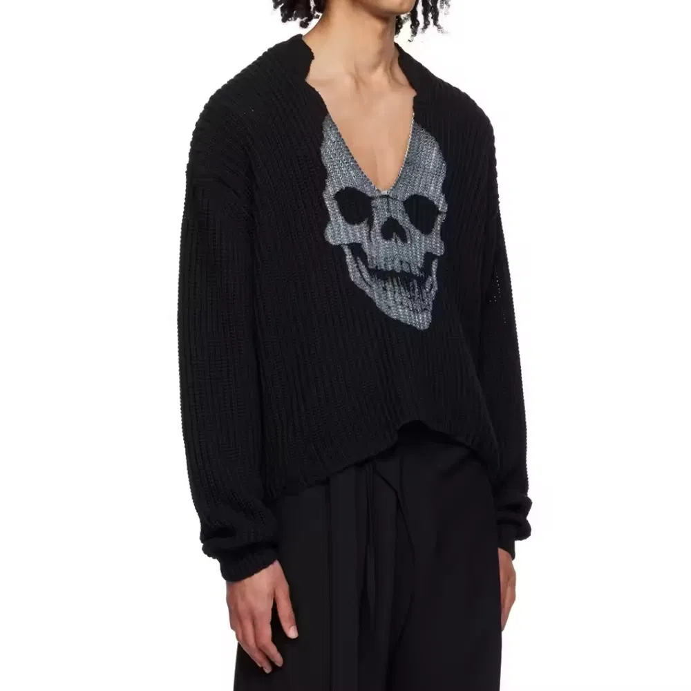 Suéter de Moda de Manga Larga de Gran Tamaño Jersey de Punto Jacquard Suelto Jersey Gótico Unisex Suéteres de Calavera