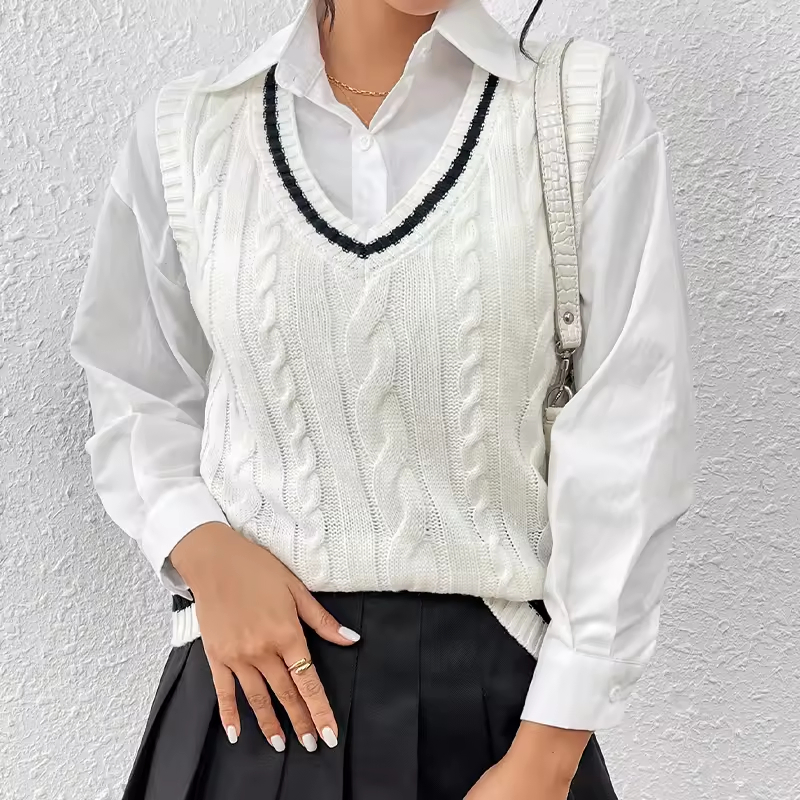 Chaleco de Ganchillo para Mujer, Suéter con Cuello en V, Chaleco, Suéter de punto Blanco, Suéter